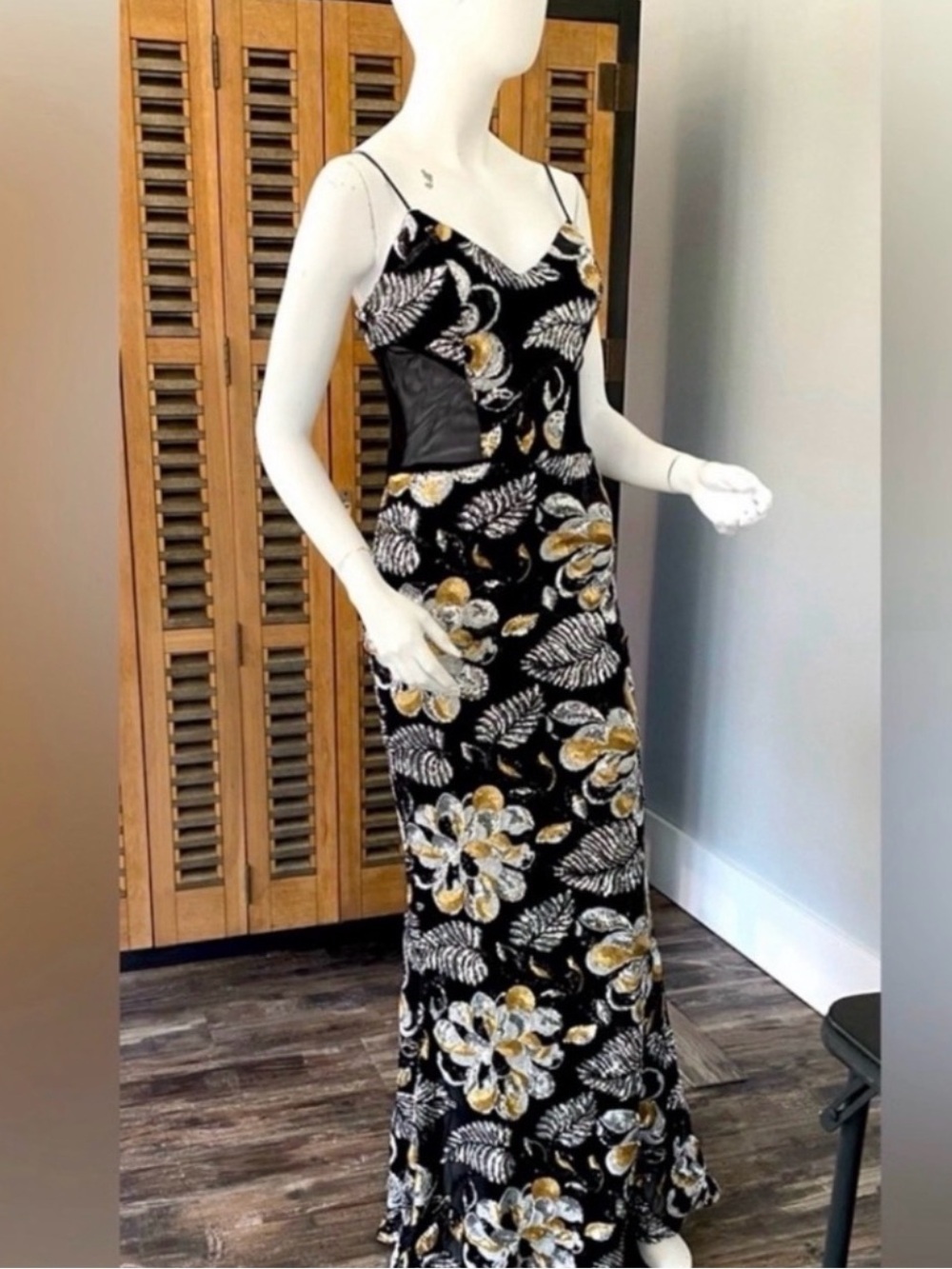Black Floral Spaghetti-Strap Maxi Dress with Gold Accents